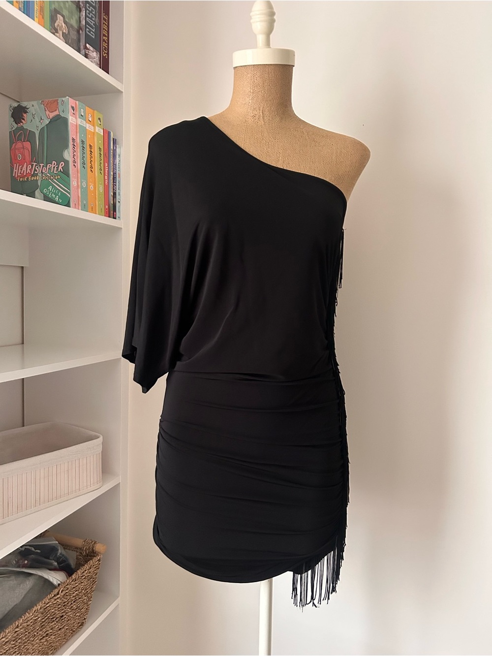 Guess Black One-Shoulder Fringe Ruched Cocktail Dress